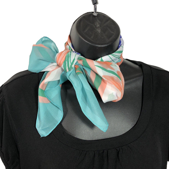Floral Coquette Scarf Blue Peach 30" Square Striped Bow Retro Italy Vintage - Picture 2 of 10